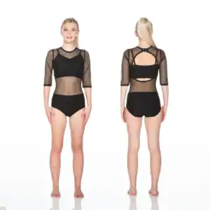 Front and back views of black mesh dance leotard