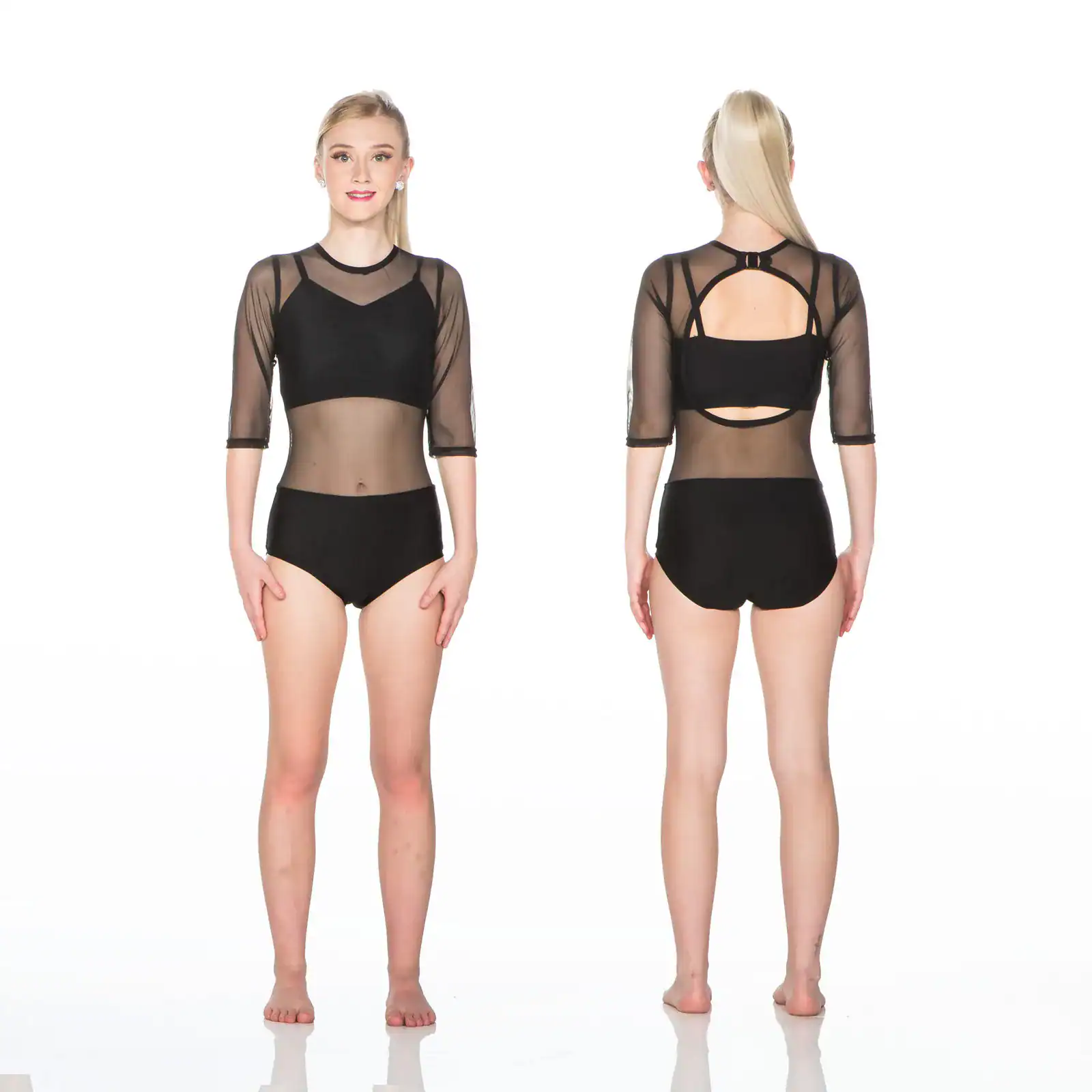 Front and back views of black mesh dance leotard