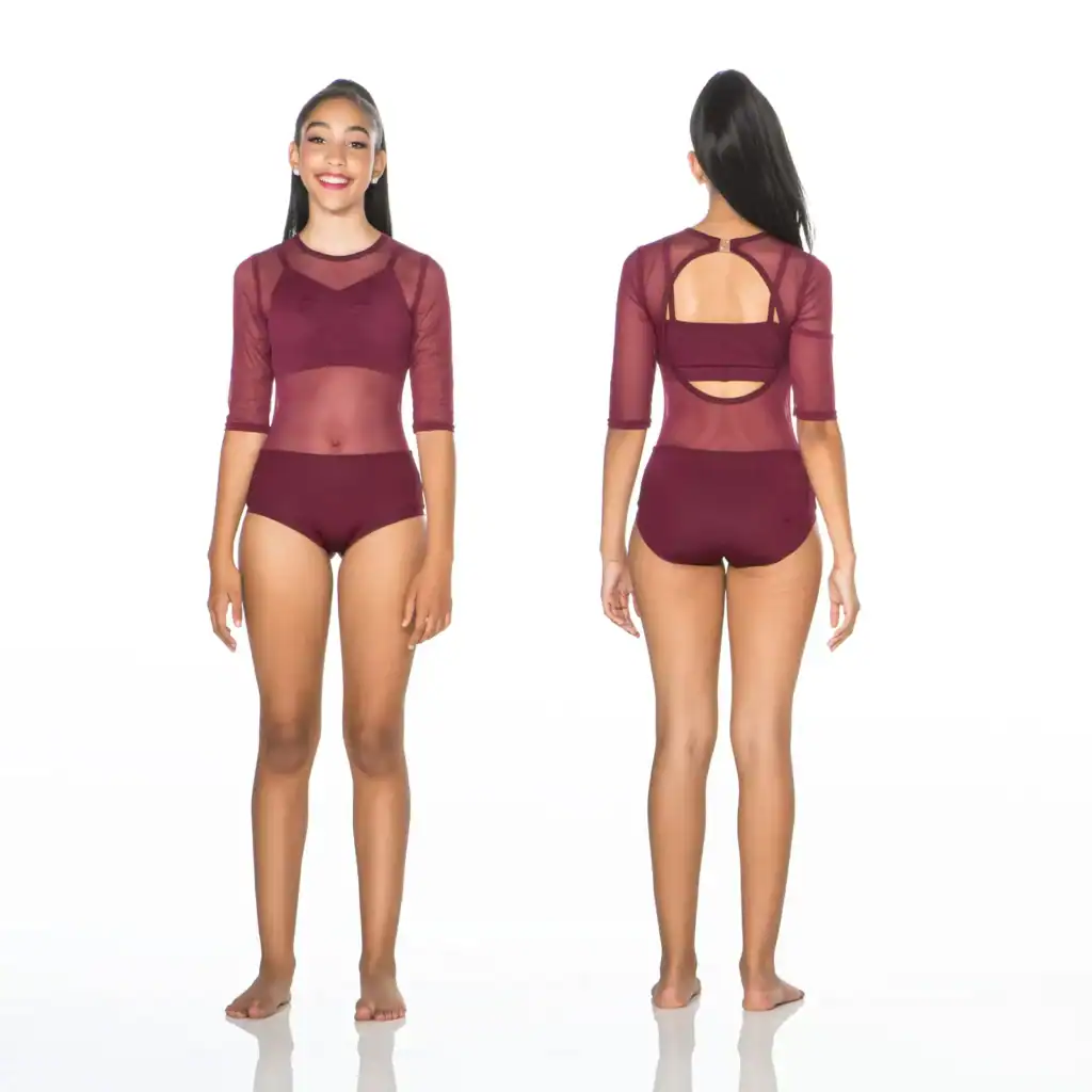 Front and back views of burgundy mesh dance leotard