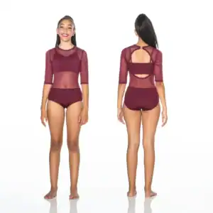 Front and back views of burgundy mesh dance leotard