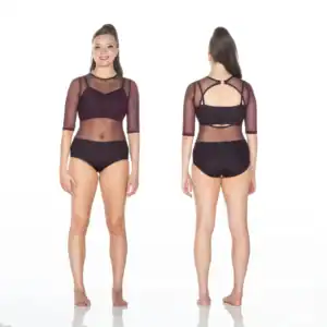Front and back views of woman in black mesh dancewear