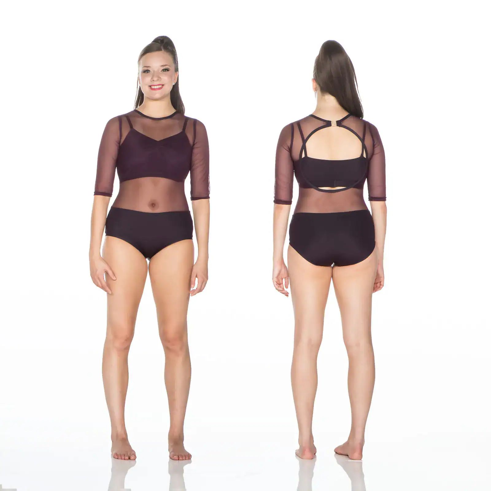 Front and back views of woman in black mesh dancewear