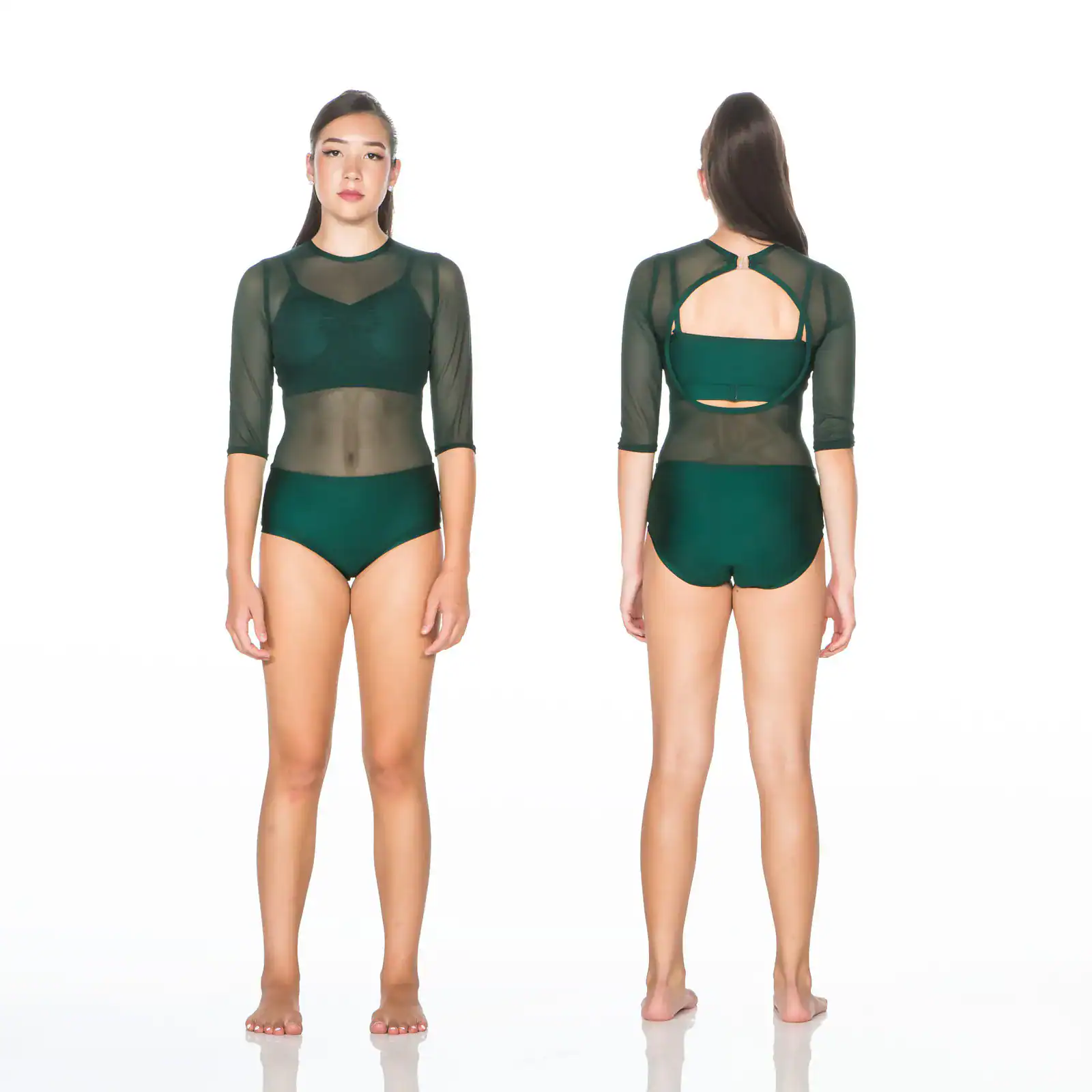 Front and back views of dark green mesh bodysuit