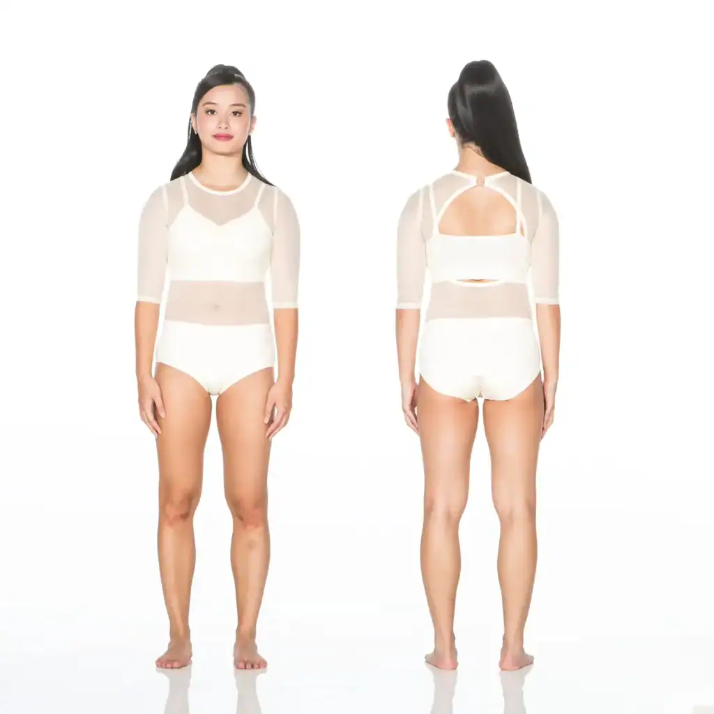 Front and back views of woman wearing white mesh bodysuit