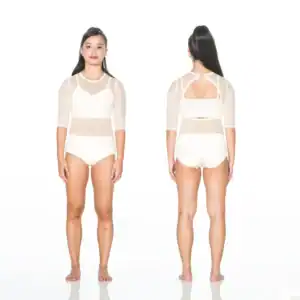 Front and back views of woman wearing white mesh bodysuit