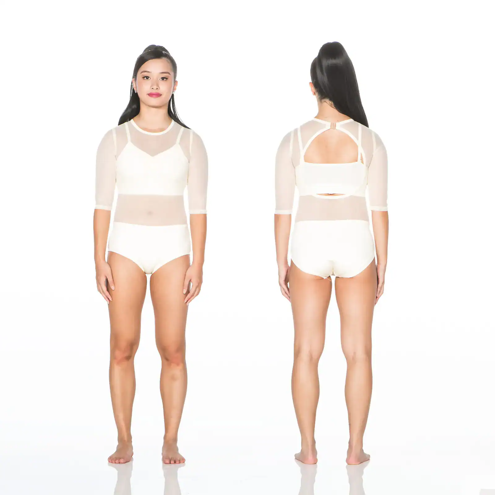 Front and back views of woman wearing white mesh bodysuit