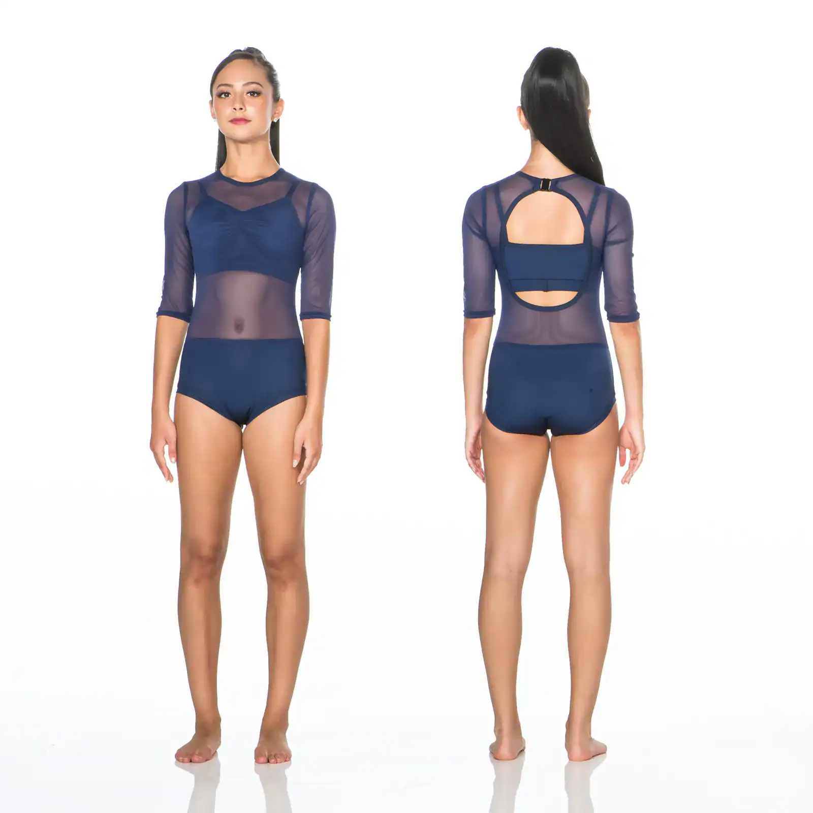 Front and back views of navy mesh leotard