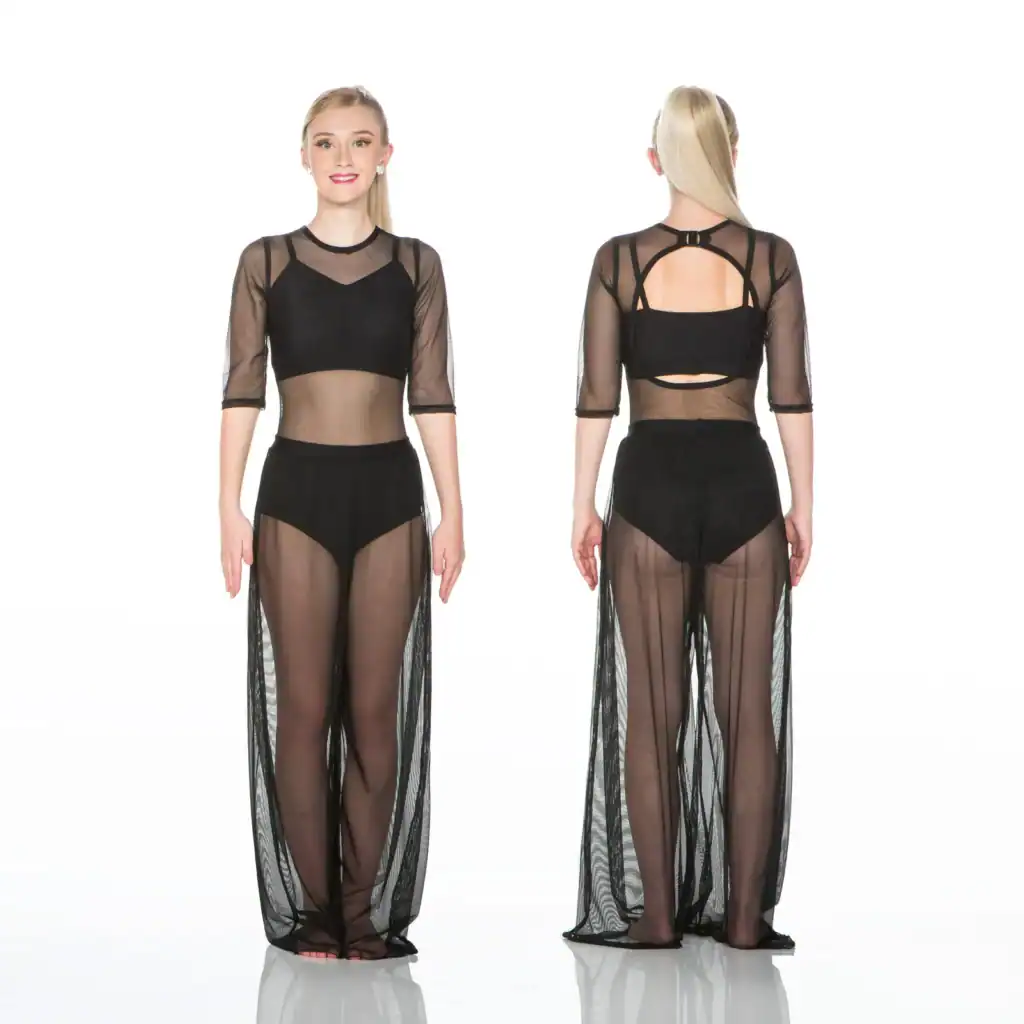 Front and back views of black sheer dance costume