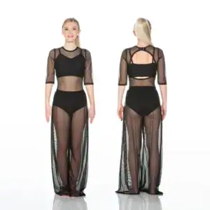 Front and back views of black sheer dance costume