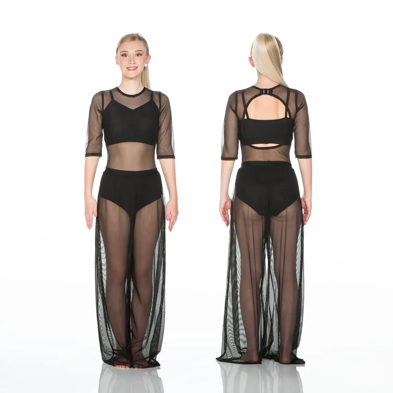 Front and back views of black sheer dance costume