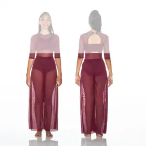 Front and back views of burgundy sheer dance costume