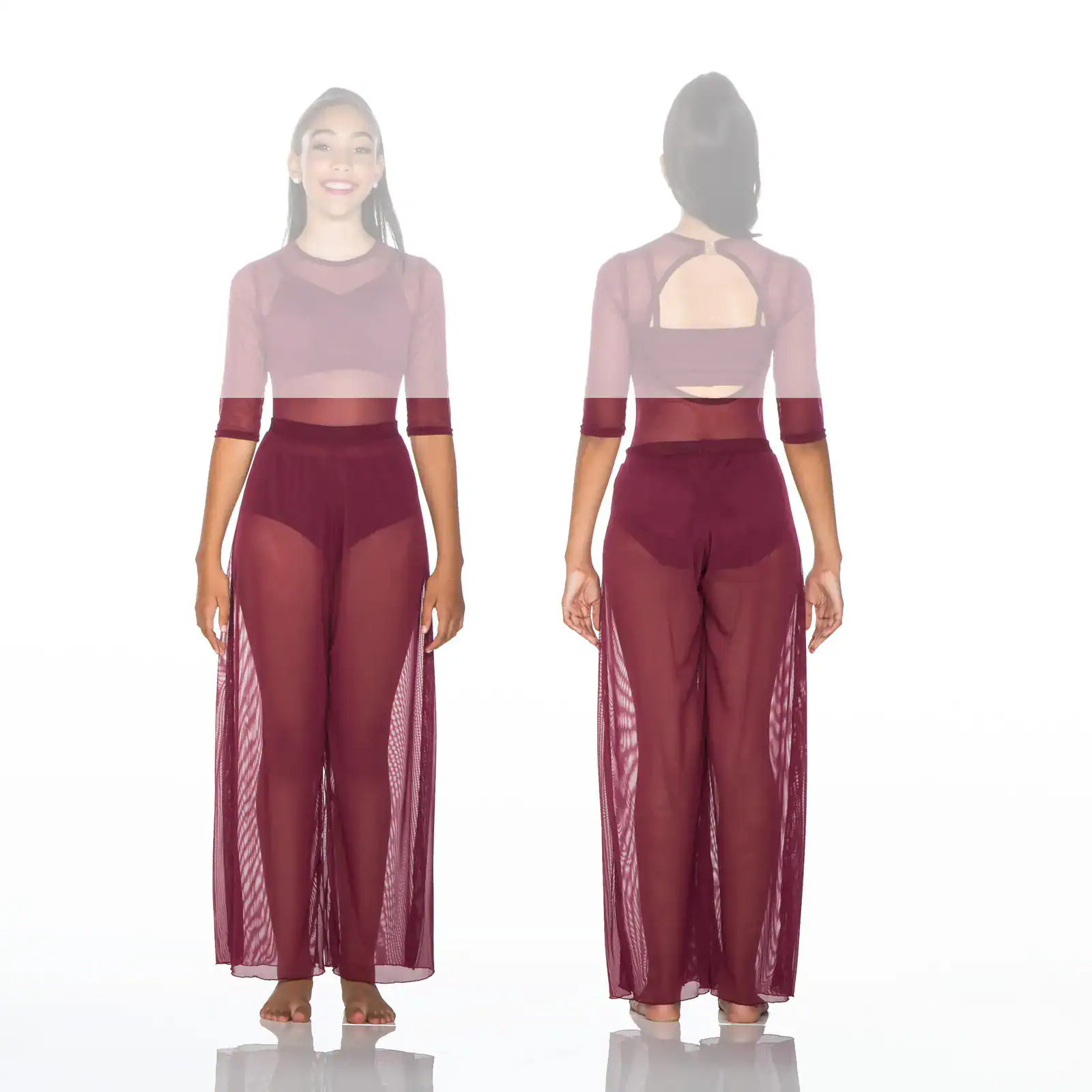 Front and back views of burgundy sheer dance costume