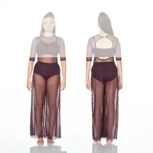 Front and back views of burgundy sheer mesh dance costume