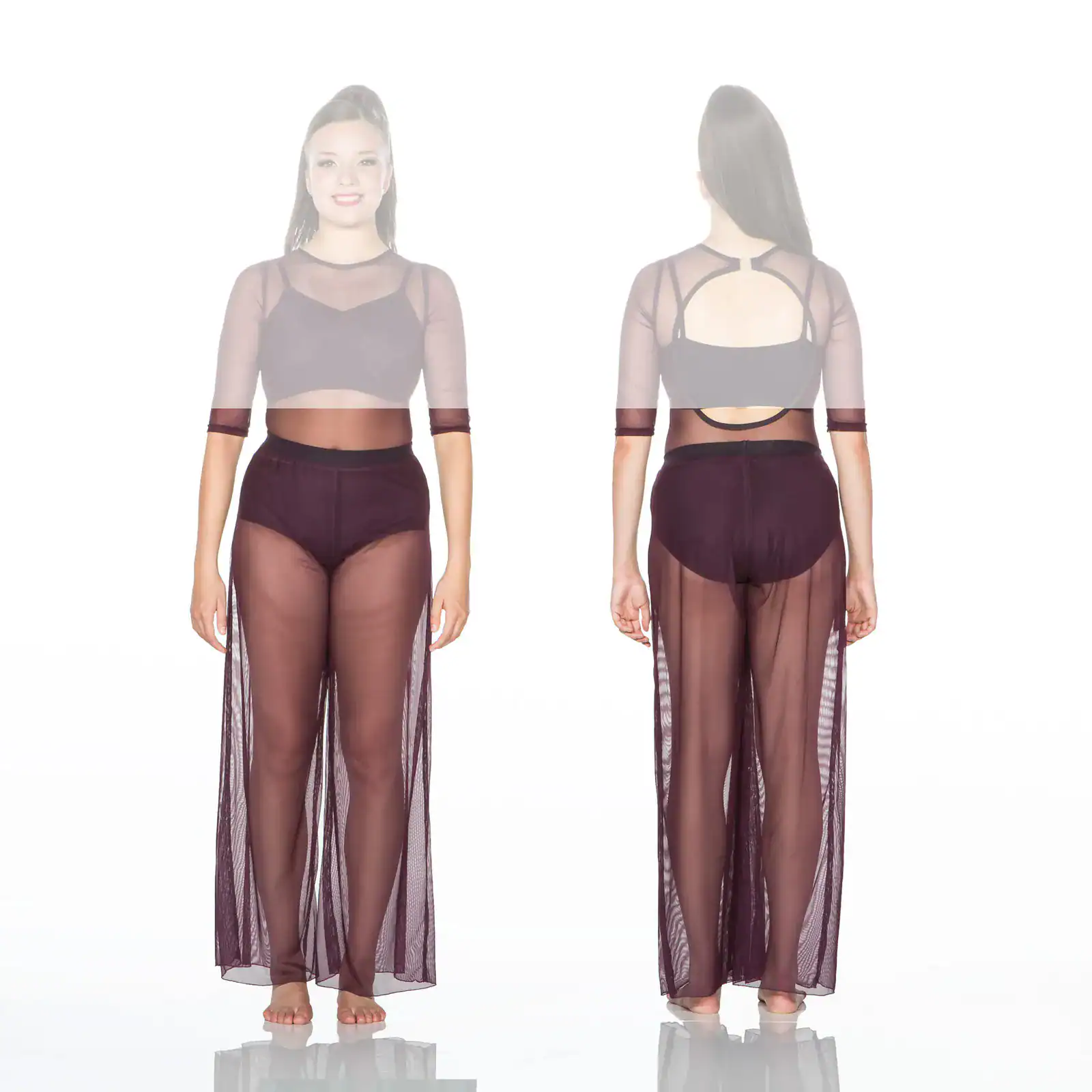 Front and back views of burgundy sheer mesh dance costume