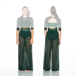 Front and back views of sheer black jumpsuit