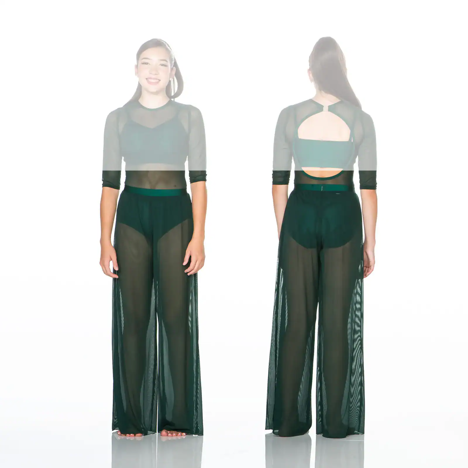 Front and back views of sheer black jumpsuit