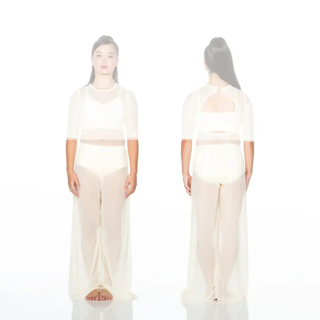 Front and back views of woman wearing sheer white outfit