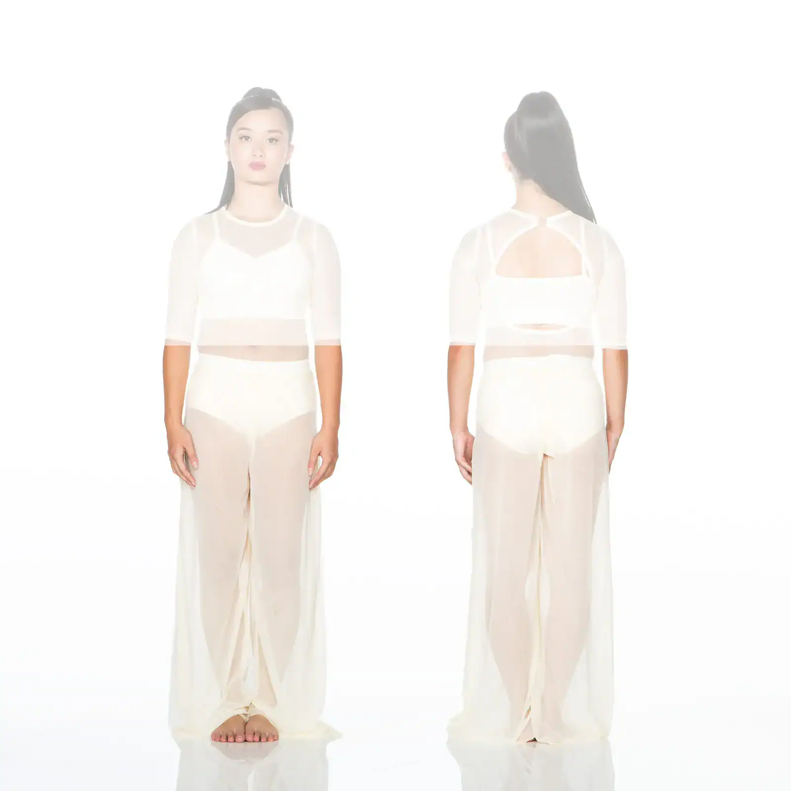Front and back views of woman wearing sheer white outfit