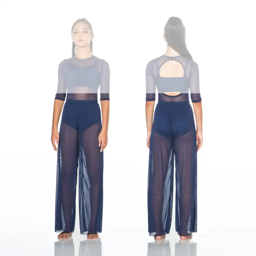 Front and back views of navy sheer mesh jumpsuit
