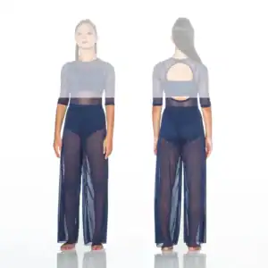 Front and back views of navy sheer mesh jumpsuit