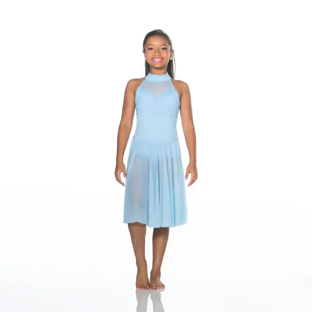 Smiling girl in a light blue dance dress