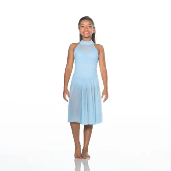 Smiling girl in a light blue dance dress