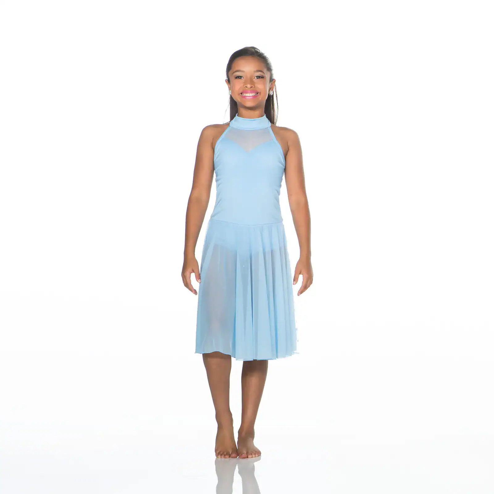 Smiling girl in a light blue dance dress