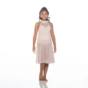 Girl wearing a blush pink sleeveless dress on white background