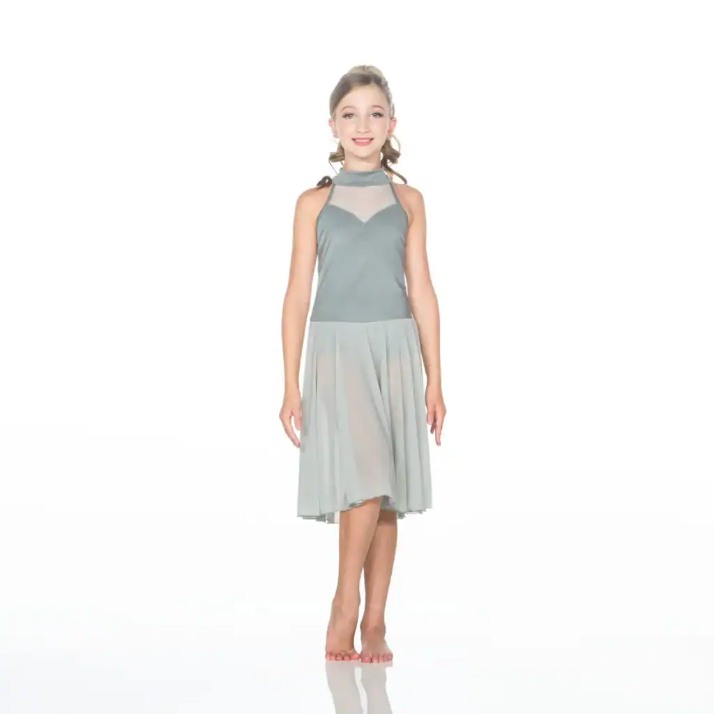 Young girl wearing a gray halter dress