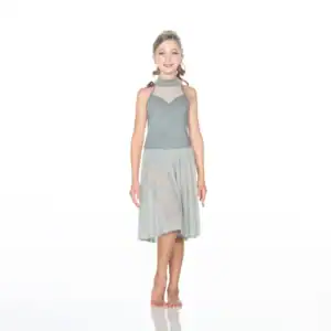 Young girl wearing a gray halter dress