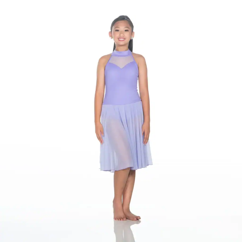 Girl wearing a lavender dance dress on white background