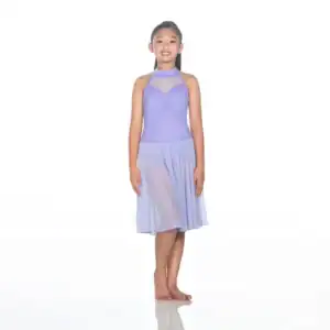 Girl wearing a lavender dance dress on white background