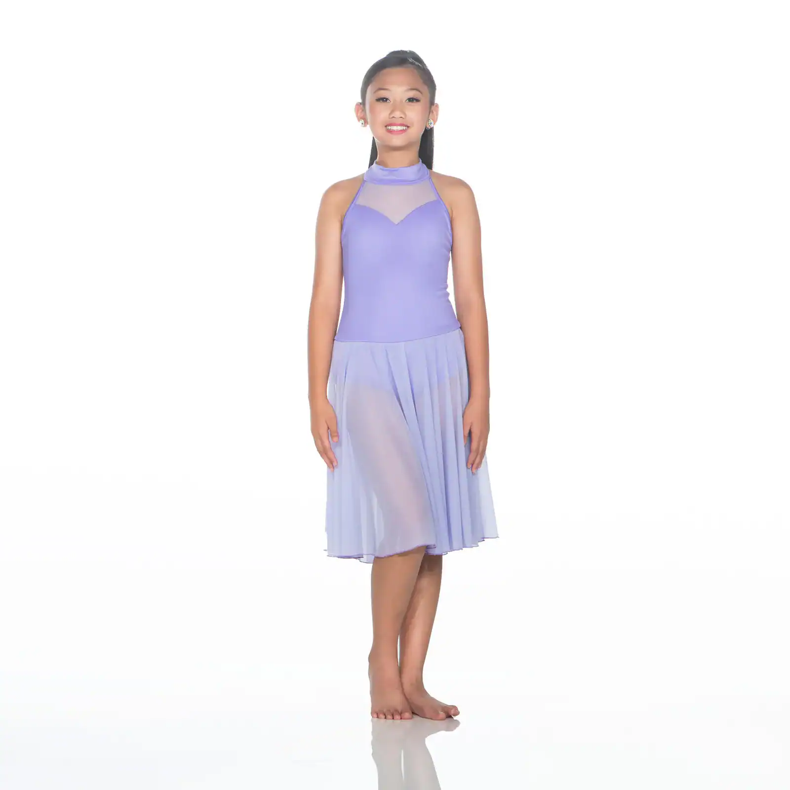 Girl wearing a lavender dance dress on white background