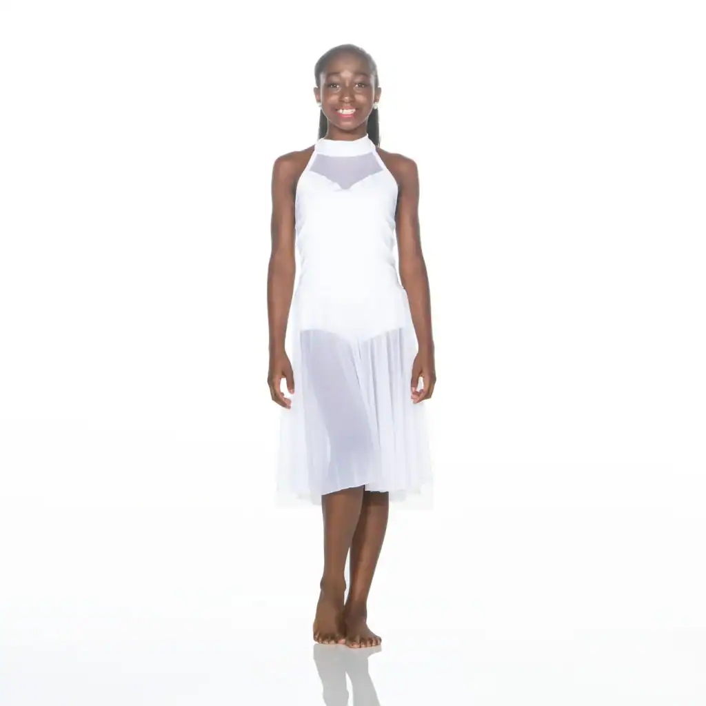 Smiling woman wearing a white sheer halter dress