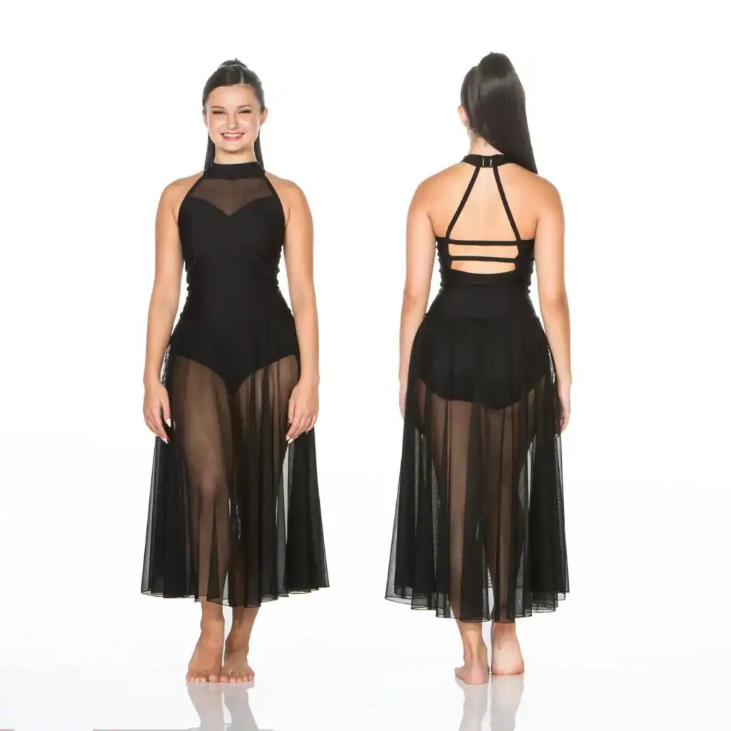 Front and back views of black sheer halter dress