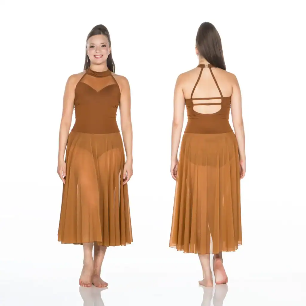 Front and back views of brown halter dance dress