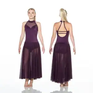 Front and back views of purple mesh dance dress
