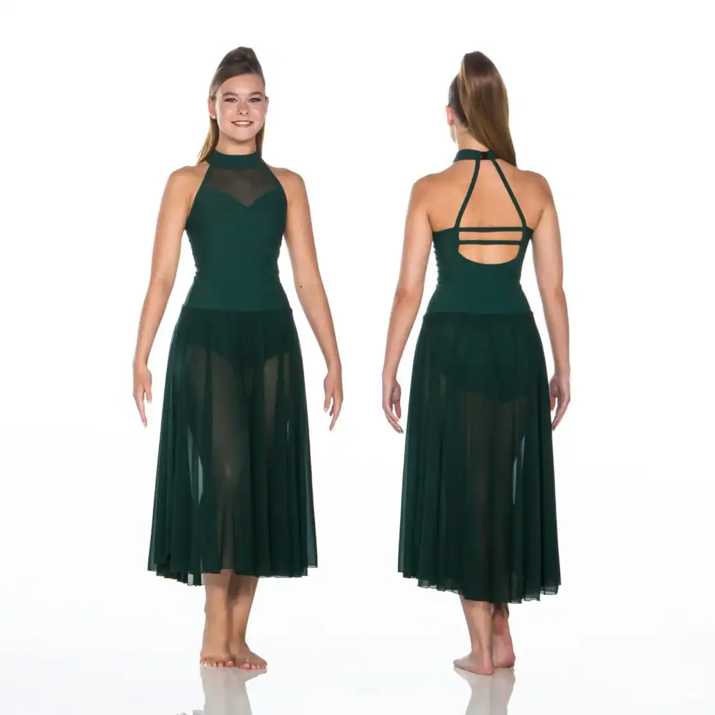 Front and back views of dark green halter dance dress
