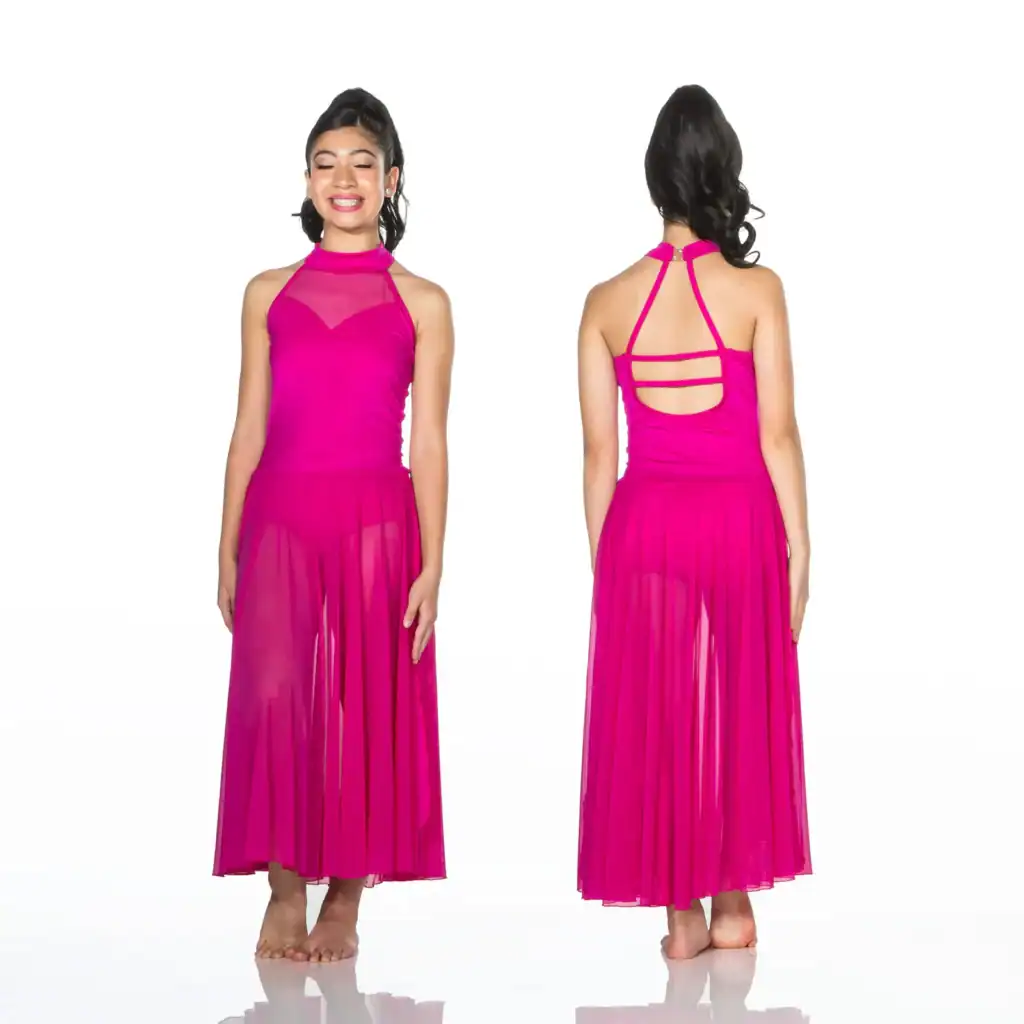 Front and back views of fuchsia halter dance dress