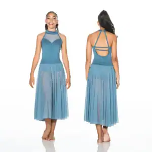Front and back views of blue halter dance dress