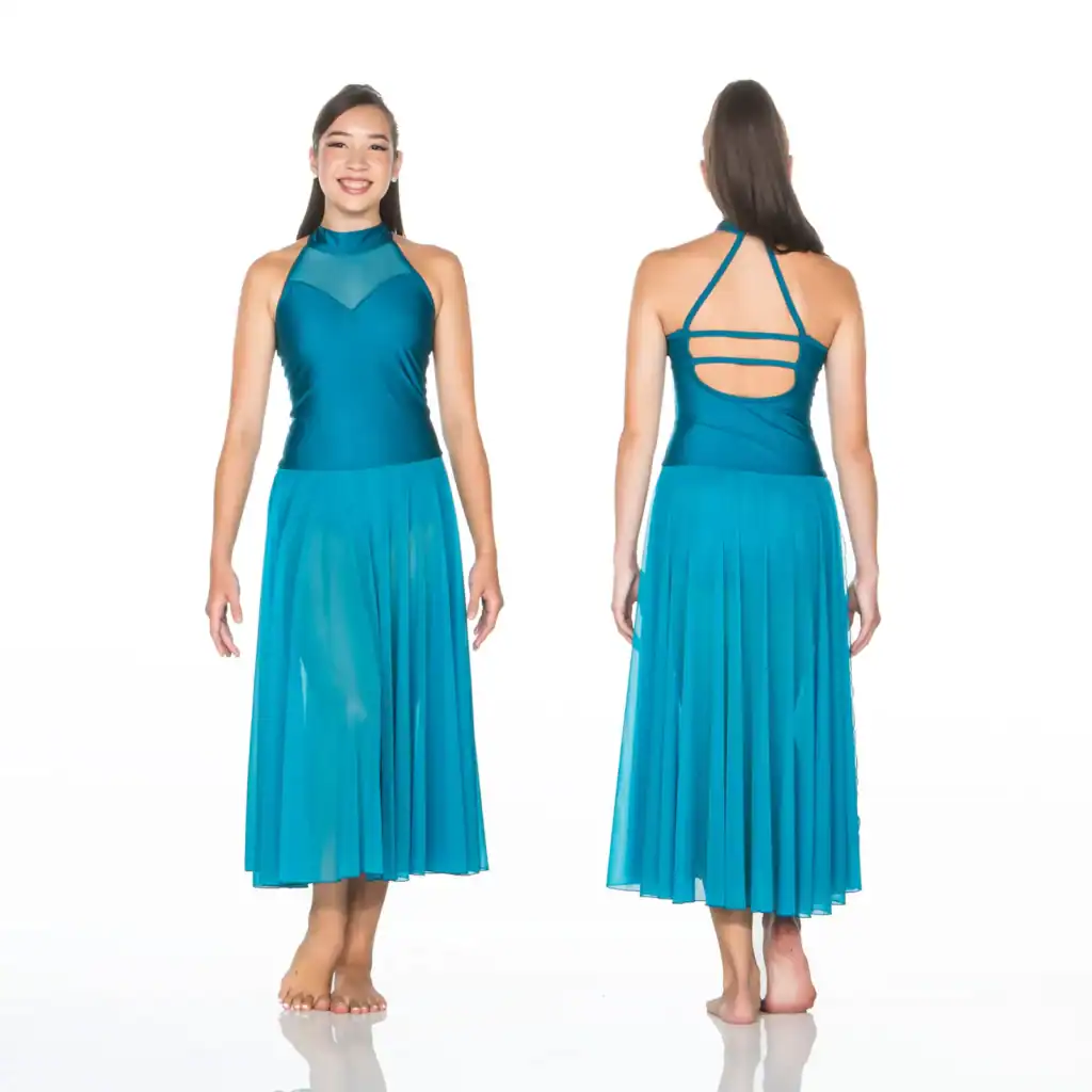 Front and back views of teal halter dance dress