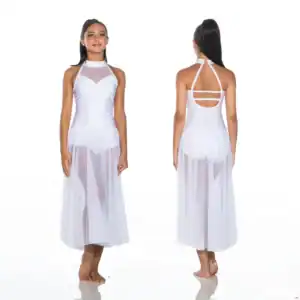 Front and back views of white halter dance dress