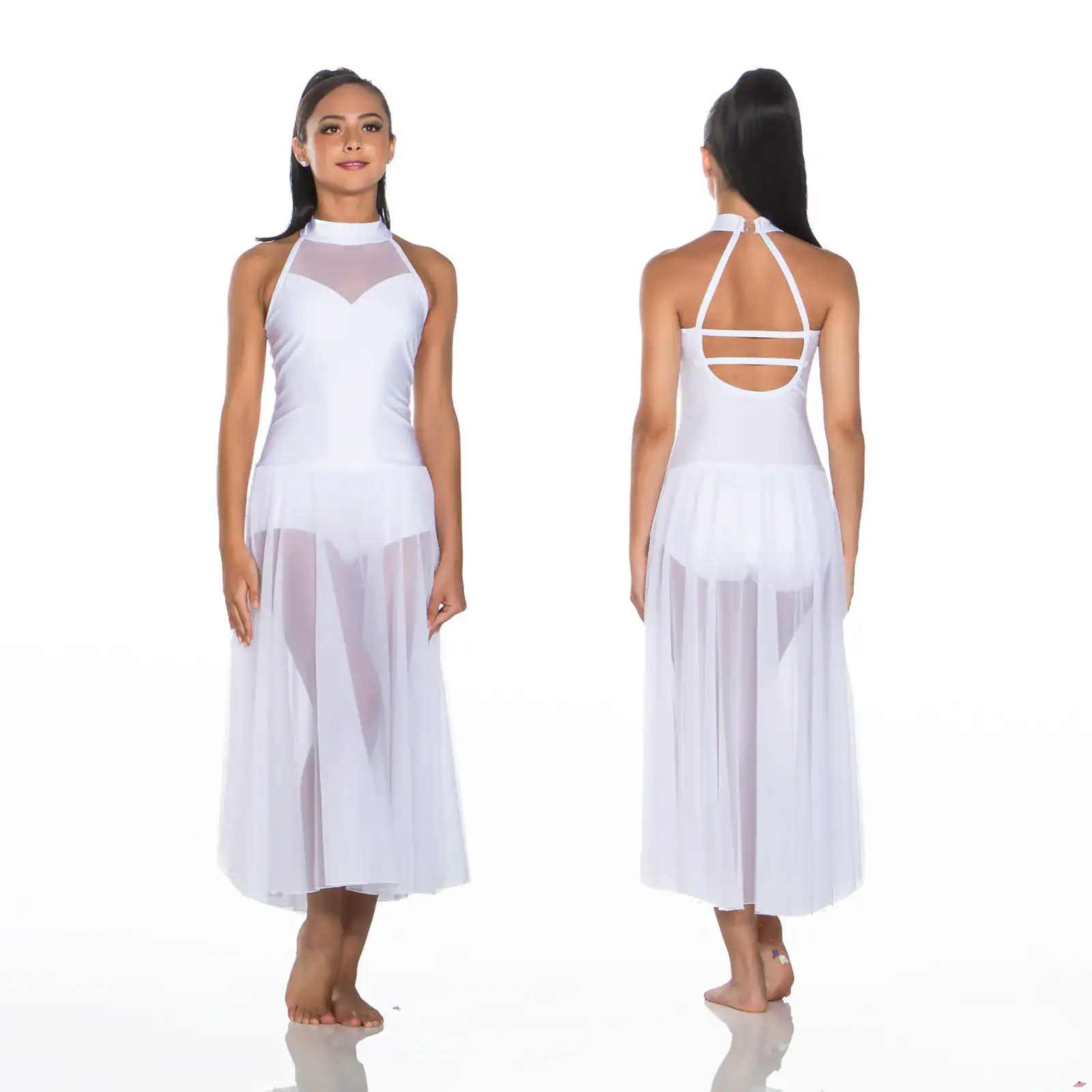 Front and back views of white halter dance dress