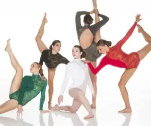 Five contemporary dancers pose in colorful lace leotards.