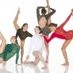 Five contemporary dancers pose in colorful lace leotards.