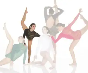Five dancers pose in colorful lace leotards against white background.