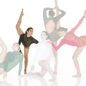 Five dancers pose in colorful lace leotards against white background.