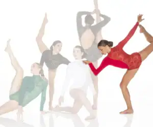 Five dancers posing in colorful lace leotards