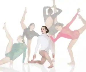 Five dancers pose in colorful lace leotards on white background.