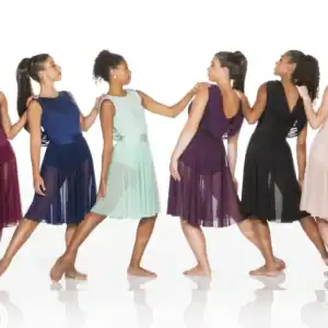 Six women model colorful chiffon dresses in a studio.